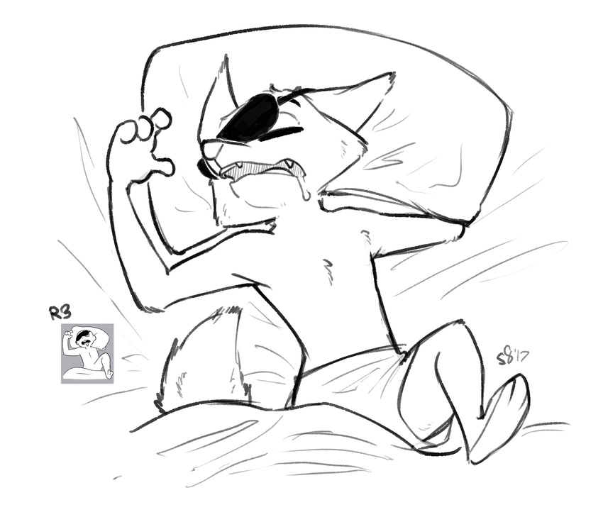2017 alec8ter anthro bed bedding black_and_white blanket blindfold canine clothed clothing disney drooling expression_meme eyes_closed fox male mammal monochrome nick_wilde on_bed open_mouth saliva signature simple_background sleeping sleeping_mask solo topless under_covers underwear white_background zootopia
