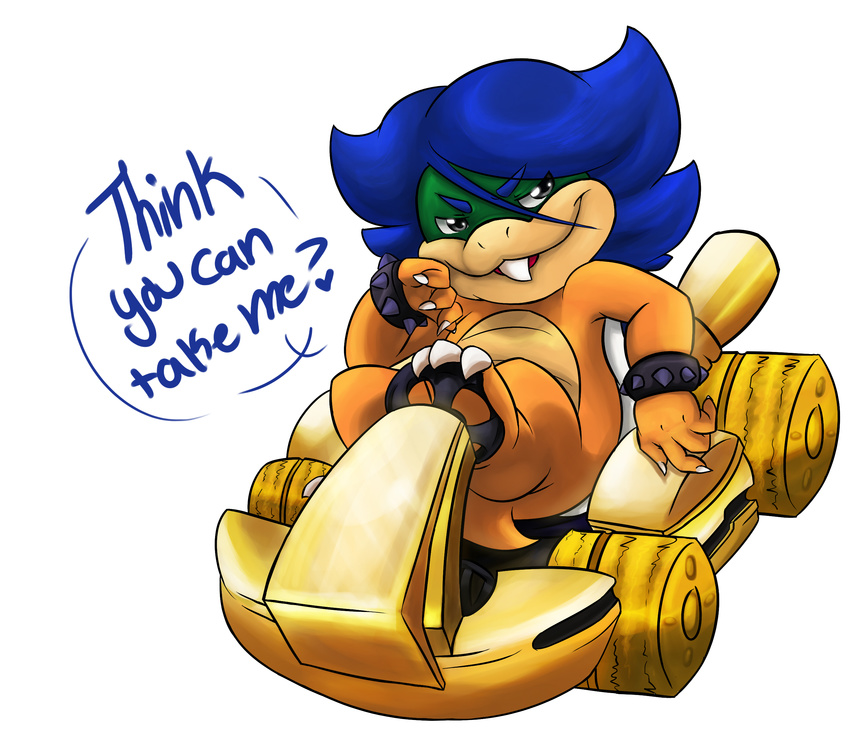 anthro blue_hair claws english_text hair kart ketaimesu koopa koopaling ludwig_von_koopa male mario_bros mario_kart nintendo nude scalie simple_background sitting solo teeth text vehicle video_games white_background young