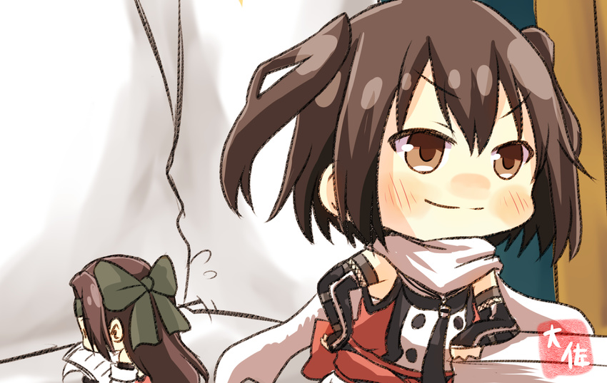 &gt;:) 2girls admiral_(kantai_collection) artist_name bare_shoulders black_gloves black_sailor_collar brown_eyes brown_hair chibi commentary_request double-breasted elbow_gloves fingerless_gloves gloves hair_between_eyes half_updo headband highres holding holding_paper jintsuu_(kantai_collection) kantai_collection long_hair minigirl multiple_girls paper remodel_(kantai_collection) sailor_collar scarf school_uniform sendai_(kantai_collection) serafuku short_hair smile taisa_(kari) two_side_up v-shaped_eyebrows white_scarf
