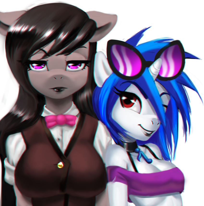 2014 anthro anthrofied black_hair blue_hair clothing dclzexon duo earth_pony equine eyewear female friendship_is_magic hair half-closed_eyes hi_res horn horse long_hair looking_at_viewer mammal multicolored_hair my_little_pony octavia_(mlp) pony purple_eyes red_eyes simple_background smile two_tone_hair unicorn vinyl_scratch_(mlp) white_background