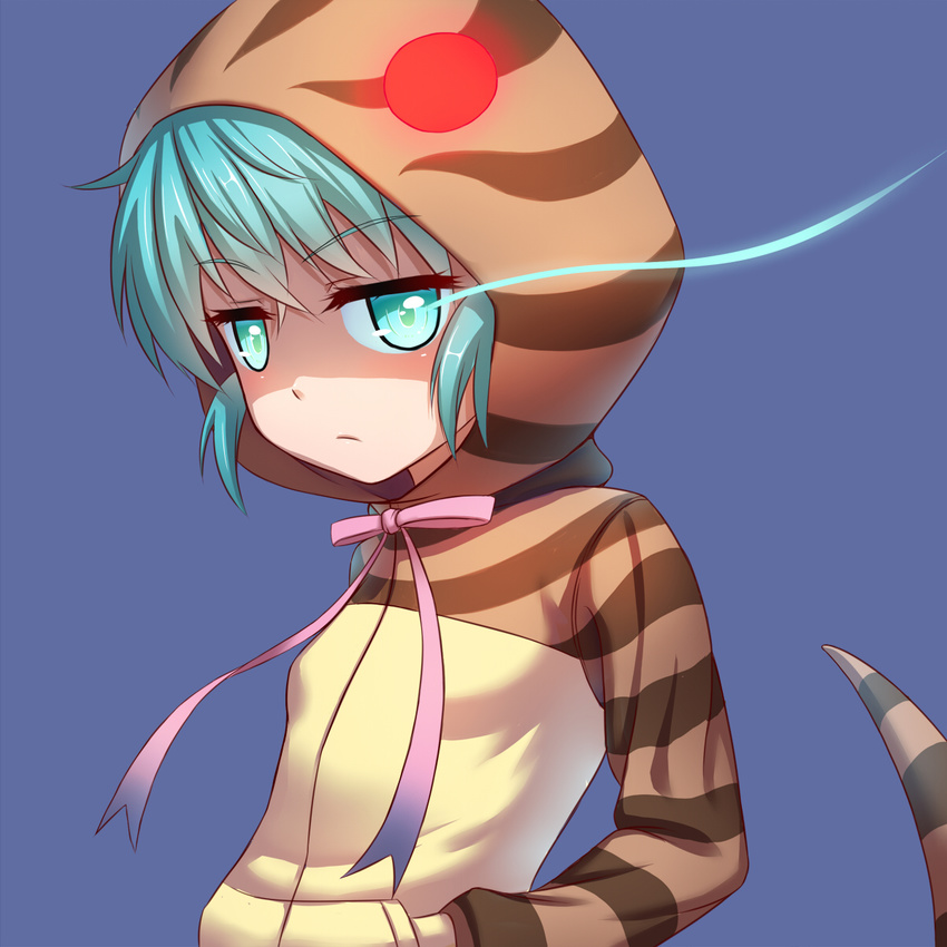 blue_background eyebrows_visible_through_hair frown glowing glowing_eye glowing_eyes green_eyes green_hair hands_in_pockets highres hood hoodie kemono_friends light_trail long_sleeves looking_at_viewer pink_ribbon ribbon shaded_face simple_background sion_(9117) snake_tail solo striped_hoodie tail tsuchinoko_(kemono_friends) upper_body