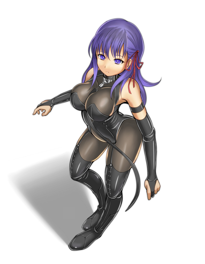 bad_id bad_pixiv_id bodysuit breasts bridal_gauntlets commentary_request dominatrix elbow_gloves fate/stay_night fate_(series) fingerless_gloves gloves highres large_breasts lock looking_at_viewer matou_sakura padlock purple_eyes purple_hair shoukin500 sleeveless solo
