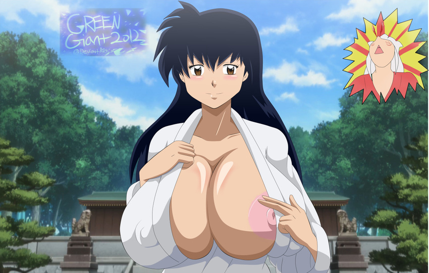 1girl areolae bathrobe black_hair blush breasts brown_eyes cleavage clothes exhibitionism female greengiant2012 higurashi_kagome human inuyasha inuyasha_(character) light-skinned long_hair nipples open_clothes outdoors public robe sky smile solo_focus standing temple tree white_robe