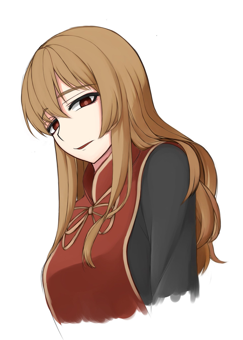alternate_hair_color bangs black_dress breasts brown_hair chinese_clothes dress eyebrows_visible_through_hair hair_between_eyes head_tilt highres junko_(touhou) long_sleeves looking_at_viewer looking_to_the_side medium_breasts no_hat no_headwear open_mouth ozu_(agito100001) red_eyes ribbon simple_background solo tabard thick_eyebrows touhou white_background
