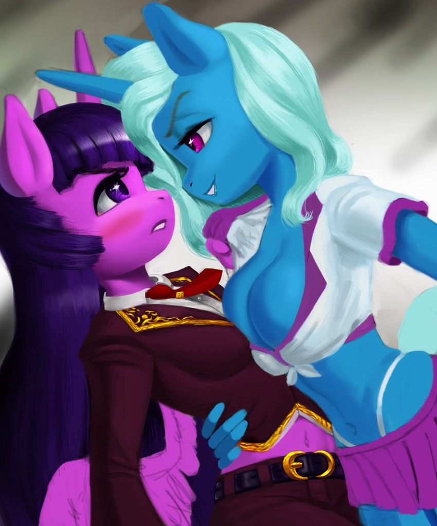 2014 absurd_res anthro anthrofied big_breasts blush breasts cleavage clothed clothing dclzexon duo equine eye_contact female friendship_is_magic hair hi_res horn long_hair mammal multicolored_hair my_little_pony panties purple_eyes purple_hair skimpy skirt thong twilight_sparkle_(mlp) two_tone_hair underwear unicorn