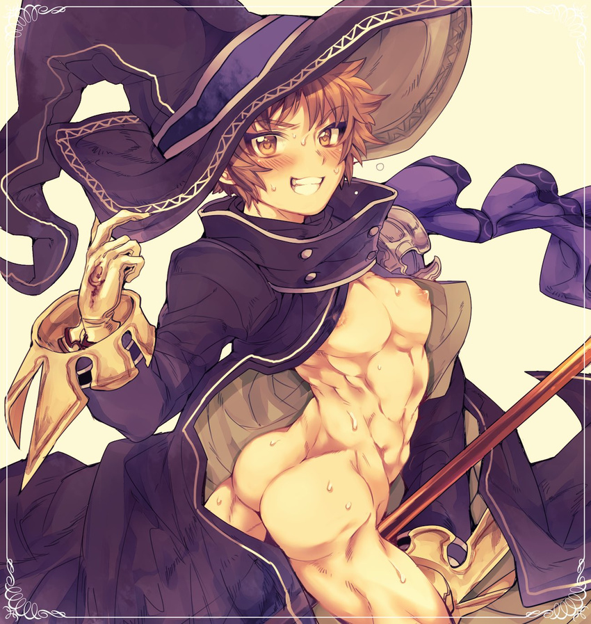 ass brown_eyes brown_hair cape cowboy_shot gloves gran_(granblue_fantasy) granblue_fantasy hat heart heart-shaped_pupils highres male_focus megashi_(anko_mugen) nipples simple_background smile solo staff sweat symbol-shaped_pupils twisted_torso warlock_(granblue_fantasy) white_background witch_hat