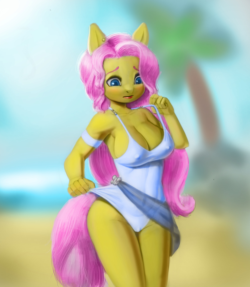 2014 absurd_res anthro anthrofied beach blue_eyes breasts cleavage clothed clothing cloud dclzexon ear_piercing equine female fluttershy_(mlp) friendship_is_magic hair hi_res horse long_hair mammal my_little_pony nipple_bulge one-piece_swimsuit outside palm_tree piercing pink_hair pony seaside sky solo swimsuit tree