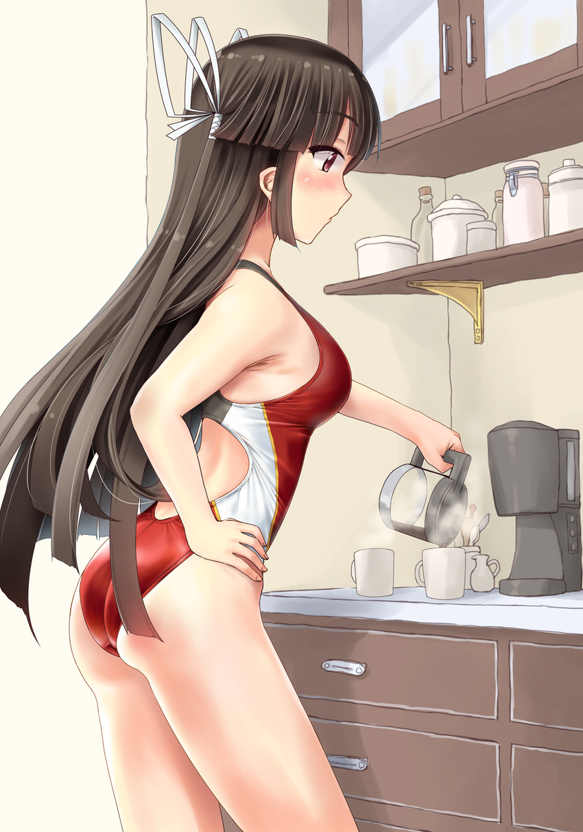ass back_cutout black_hair cabinet closed_mouth coffee_maker_(object) competition_swimsuit cowboy_shot cup cupboard drawer expressionless from_side hair_ribbon hand_on_hip highleg highleg_swimsuit highres hime_cut hiyou_(kantai_collection) kantai_collection long_hair looking_away minase_(takaoka_nanase) mug multicolored multicolored_clothes multicolored_swimsuit one-piece_swimsuit pouring profile red_eyes red_swimsuit ribbon shelf sidelocks solo standing steam swimsuit thighs wedgie white_ribbon