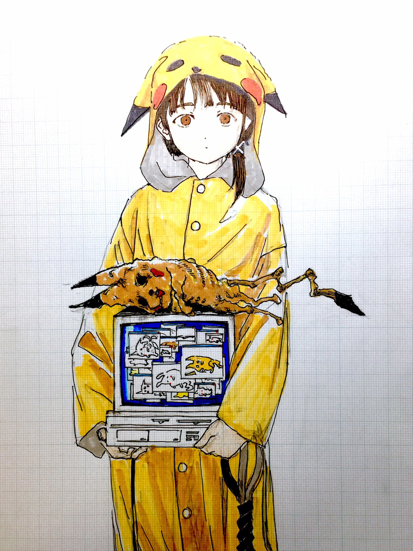 animal_ears asymmetrical_hair brown_eyes brown_hair buttons computer cosplay crossover death eikoh eye_socket gen_1_pokemon grid highres hood hood_up hooded_pajamas iwakura_lain looking_at_viewer lying on_side pajamas parody pikachu pikachu_(cosplay) pokemon serial_experiments_lain simple_background solo standing tail traditional_media what