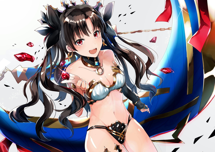 bad_id bad_pixiv_id black_hair blush crown earrings fate/grand_order fate_(series) gem hair_ribbon ishtar_(fate/grand_order) jewelry long_hair looking_at_viewer navel open_mouth red_eyes ribbon senbouko_(pixiv25476230) shiny shiny_hair shiny_skin solo thighhighs twintails