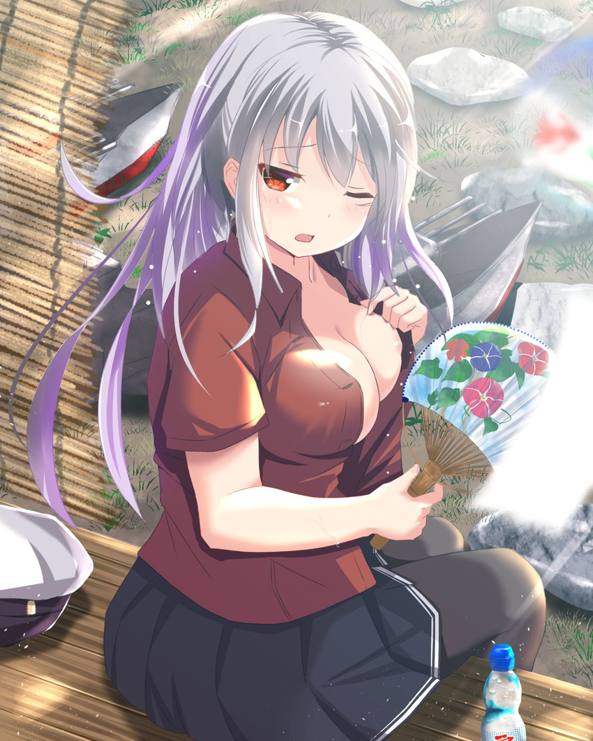 areola_slip areolae black_legwear blurry blush breasts cleavage depth_of_field fan fanning_self gangut_(kantai_collection) grass hat headwear_removed highres kantai_collection kuroame_(kurinohana) large_breasts long_hair miniskirt one_eye_closed pantyhose peaked_cap pleated_skirt porch red_eyes silver_hair sitting skirt solo sweat