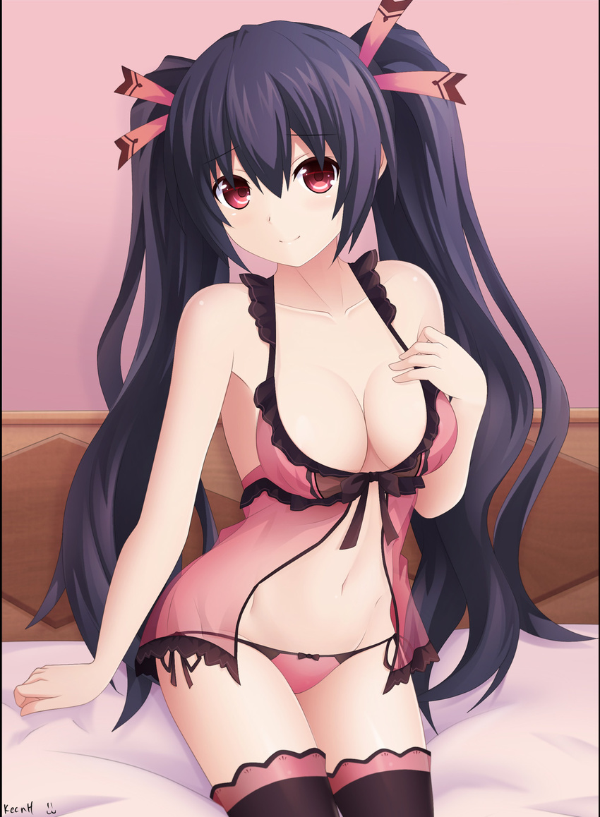bare_shoulders bed black_hair blush breasts cleavage hair_ornament hair_ribbon highres keenh lingerie long_hair looking_at_viewer medium_breasts navel neptune_(series) nightgown noire on_bed panties pink_panties red_eyes ribbon see-through solo thighhighs twintails underwear very_long_hair
