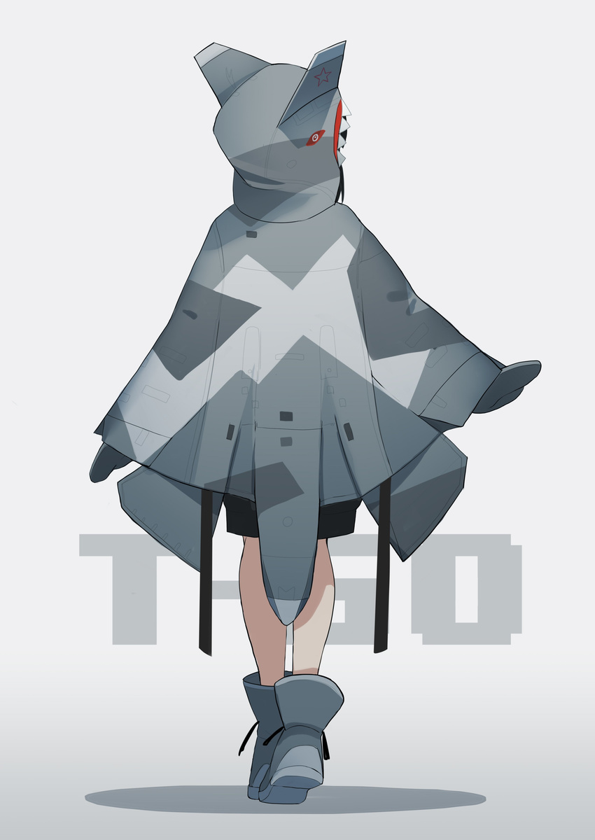absurdres back boots camouflage character_name cloak commentary_request fami_(yellow_skies) full_body gradient gradient_background highres hood hood_up hooded_cloak mittens original sharp_teeth solo standing su-57 teeth