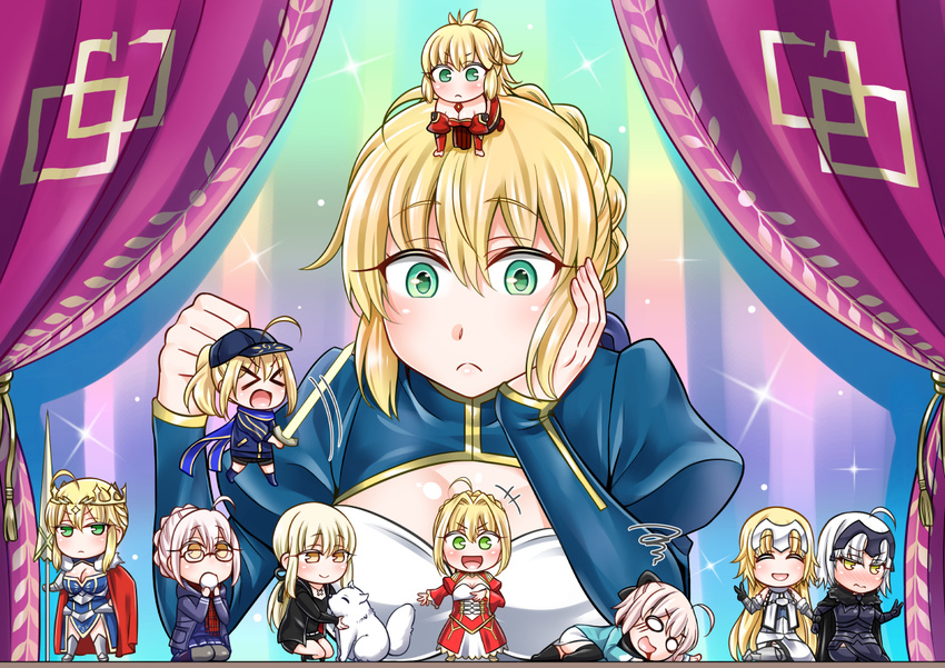 &gt;_&lt; :d ^_^ ^o^ ahoge animal armor armored_dress artoria_pendragon_(all) artoria_pendragon_(lancer) bangs baseball_cap black-framed_eyewear black_bow black_gloves black_scarf blonde_hair blood blood_from_mouth blood_on_face blouse blue_jacket bow braid breasts cape capelet chibi chibi_on_head cleavage closed_eyes commentary_request crown dog dress eating epaulettes fate/apocrypha fate/extra fate/grand_order fate/stay_night fate_(series) fur_trim gauntlets glasses gloves green_eyes hair_between_eyes hair_bow haori hat headpiece jacket japanese_clothes jeanne_d'arc_(alter)_(fate) jeanne_d'arc_(fate) jeanne_d'arc_(fate)_(all) kimono koha-ace large_breasts long_hair looking_at_viewer lying mabo-udon mordred_(fate) mordred_(fate)_(all) multiple_girls mysterious_heroine_x mysterious_heroine_x_(alter) nero_claudius_(fate) nero_claudius_(fate)_(all) okita_souji_(fate) okita_souji_(fate)_(all) on_head on_side open_mouth plaid plaid_scarf ponytail red_dress red_scarf rhongomyniad saber saber_alter scarf school_uniform semi-rimless_eyewear shaded_face short_kimono shorts sidelocks skirt smile swept_bangs sword thighhighs track_jacket under-rim_eyewear weapon xo yellow_eyes