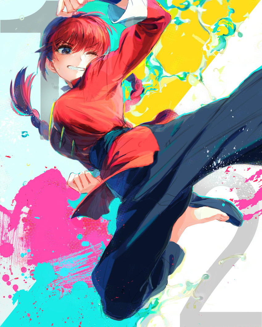 absurdres bangs blue_eyes braid breasts chinese_clothes clenched_hand commentary_request eyebrows_visible_through_hair genderswap genderswap_(mtf) hat highres jumping large_breasts long_hair one_eye_closed parted_lips party_hat ranma-chan ranma_1/2 red_hair red_shirt revision saotome_ranma shirt single_braid solo tangzhuang tentsuu_(tentwo) very_long_hair