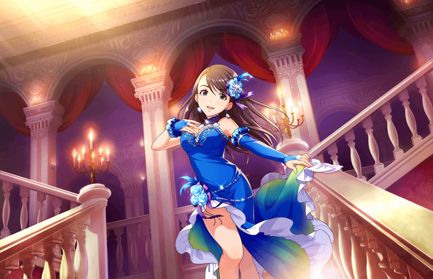 :d bangs blue_dress blue_gloves breasts brown_hair candelabra cleavage dress earrings elbow_gloves fingerless_gloves frilled_dress frilled_gloves frills gloves gown green_eyes hair_ornament hand_on_own_chest idolmaster idolmaster_cinderella_girls idolmaster_cinderella_girls_starlight_stage jewelry jpeg_artifacts large_breasts long_hair looking_at_viewer nishikawa_honami official_art open_mouth outstretched_arm pillar railing smile solo sparkle stairs standing swept_bangs