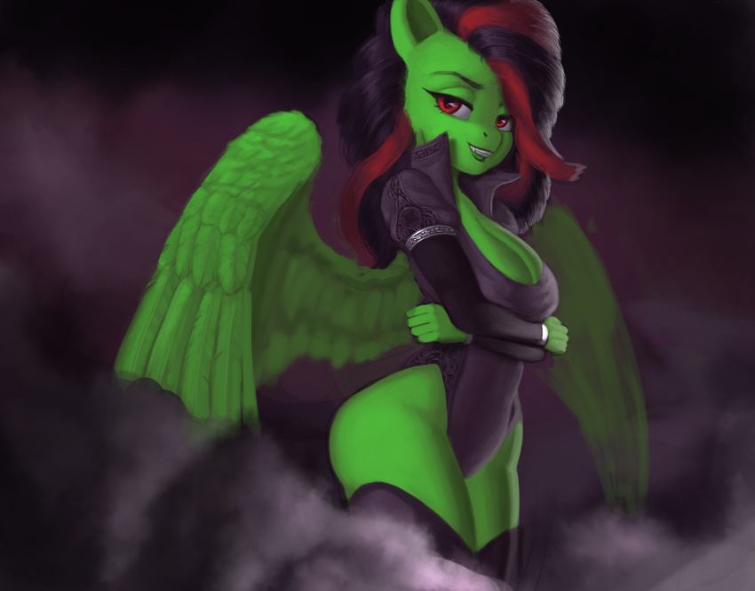 2014 absurd_res anthro clothing dclzexon equine fan_character feathered_wings feathers female hair hi_res looking_at_viewer mammal multicolored_hair my_little_pony pegasus red_eyes solo two_tone_hair wings