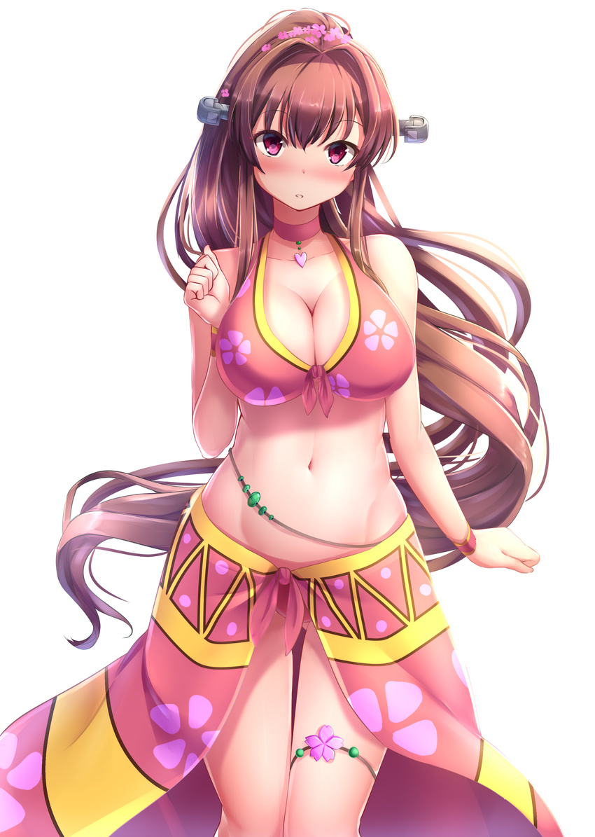 absurdres alternate_costume bikini blush breasts brown_hair cleavage flower front-tie_bikini front-tie_top hair_flower hair_ornament highres kantai_collection large_breasts long_hair navel nicoby open_mouth pink_bikini pink_eyes pink_flower ponytail sarong simple_background solo stomach swimsuit thigh_gap very_long_hair white_background yamato_(kantai_collection)