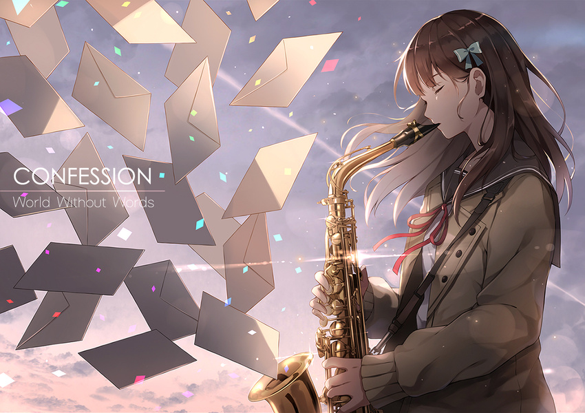 blue_bow blush bow brown_hair closed_eyes envelope eyebrows_visible_through_hair from_side hair_bow holding holding_instrument instrument kiyo_(chaoschyan) long_hair long_sleeves original profile saxophone solo