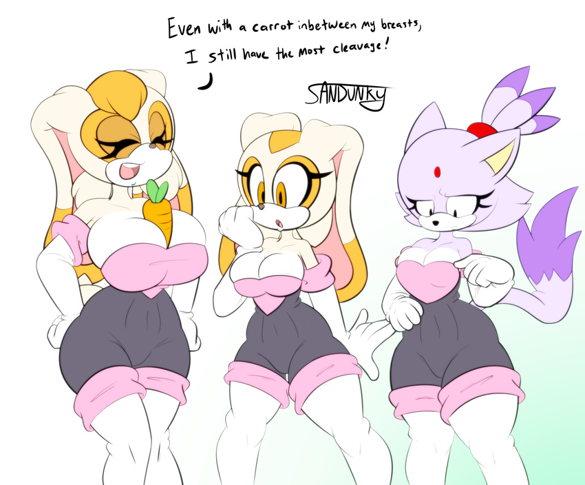 big_breasts blaze_the_cat breasts cat cleavage clothed clothing comparison cosplay cream_the_rabbit feline female lagomorph legwear mammal mature_female mother parent rabbit sandunky simple_background sonic_(series) thigh_highs vanilla_the_rabbit wide_hips