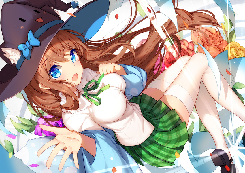bison_cangshu black_hat blue_bow blue_eyes blue_ribbon bow breasts brown_hair character_request copyright_request eyebrows_visible_through_hair green_skirt hat hat_bow hat_ribbon highres large_breasts long_hair looking_at_viewer plaid plaid_skirt ribbon skirt solo thighhighs white_legwear witch_hat zettai_ryouiki