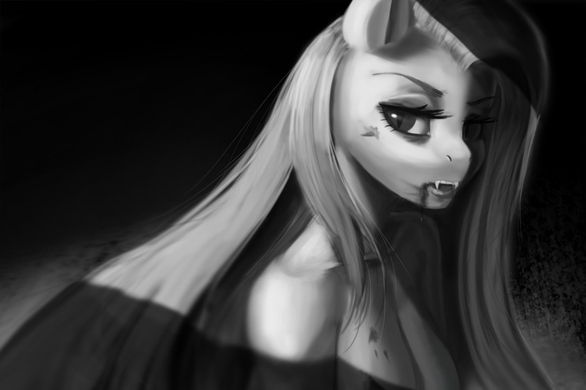 2014 anthro anthrofied bat_pony breasts dclzexon equine eyelashes fangs female flutterbat_(mlp) fluttershy_(mlp) friendship_is_magic hair hybrid long_hair looking_at_viewer mammal monochrome my_little_pony nude solo