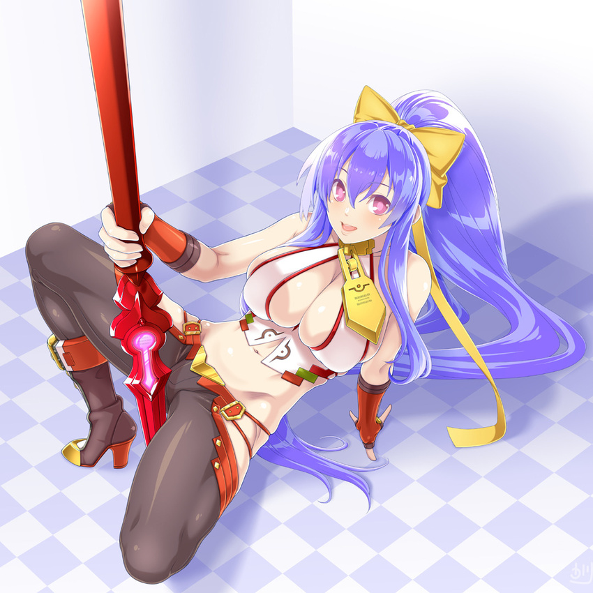 1girl arm_support backless_outfit bangs bare_shoulders between_legs between_thighs black_boots black_pants blazblue blazblue:_central_fiction blazblue_variable_heart blue_hair blush boots bow breasts checkered checkered_floor cleavage fingerless_gloves folded_leg full_body genderswap genderswap_(mtf) gloves groin hair_between_eyes hair_bow halter_top halterneck high_heel_boots high_heels holding holding_weapon large_breasts leaning_back long_hair looking_at_viewer lowleg lowleg_pants mai_natsume midriff navel no_bra no_panties open_mouth osafune_kairi outseal pants polearm ponytail purple_eyes revealing_clothes ribbon shadow sideboob sidelocks skindentation smile solo spear spread_legs squatting standing thighs very_long_hair weapon yellow_bow