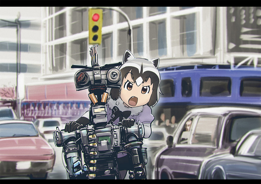 animal_ears black_hair bow bowtie brown_eyes car check_commentary chromatic_aberration commentary_request common_raccoon_(kemono_friends) fang gloves grey_hair ground_vehicle johnny_5 kemono_friends mechanical motor_vehicle movie_reference multicolored_hair open_mouth outdoors parody raccoon_ears robot short_circuit_2 short_hair short_sleeves traffic_light ueyama_michirou