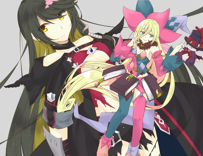 2girls bare_shoulders belt bienfu_(tales) black_hair blonde_hair book breasts choker coat detached_sleeves green_eyes grey_background hat long_hair magilou_(tales) pointy_ears ribbon shoes short_shorts shorts smile tales_of_(series) tales_of_berseria thighhighs torn_clothes velvet_crowe very_long_hair yellow_eyes