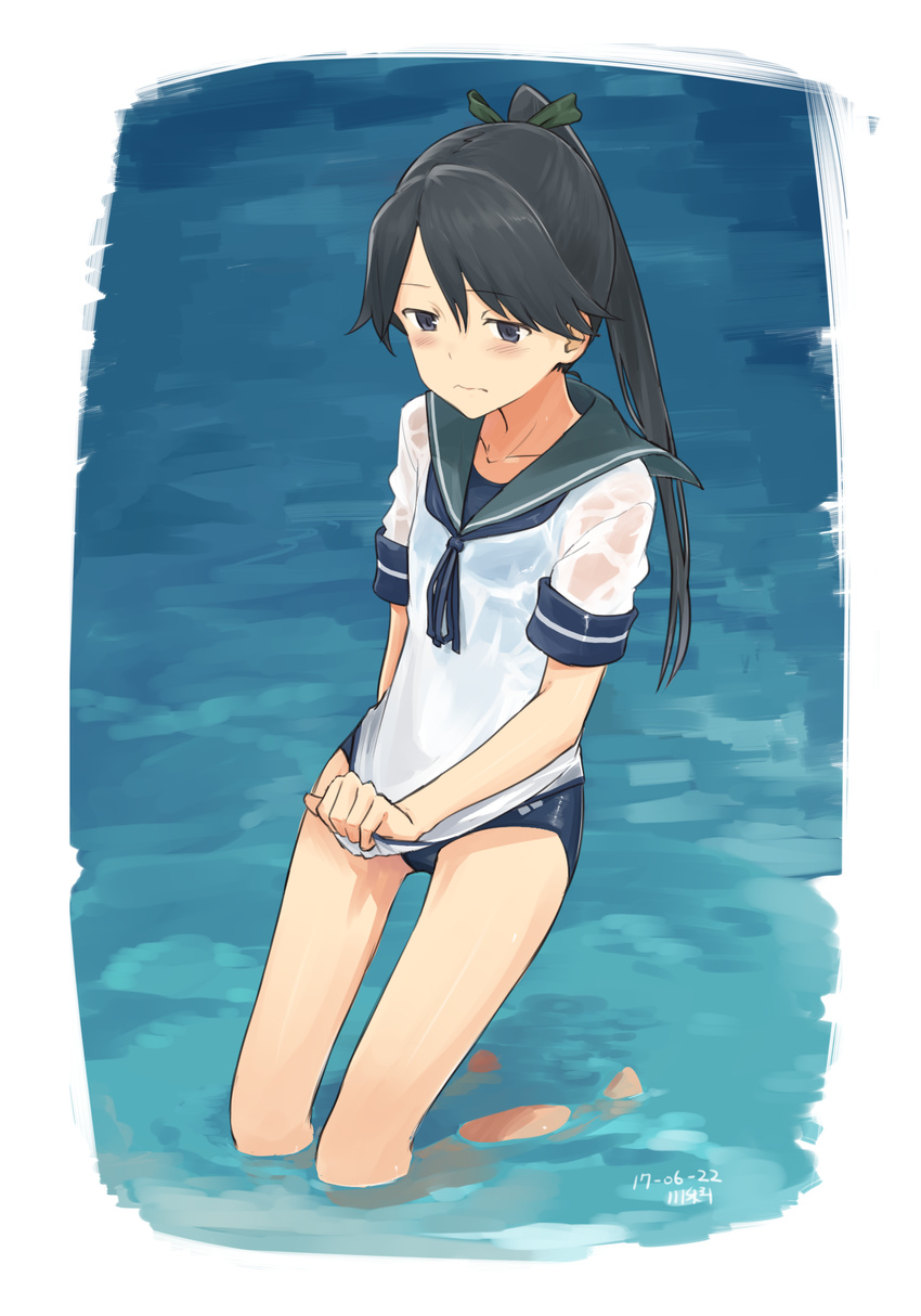 alternate_costume artist_name black_hair blue_eyes blue_sailor_collar blush dated highres houshou_(kantai_collection) kantai_collection kawashina_(momen_silicon) long_hair ponytail sailor_collar school_swimsuit school_uniform serafuku short_sleeves solo swimsuit swimsuit_under_clothes water