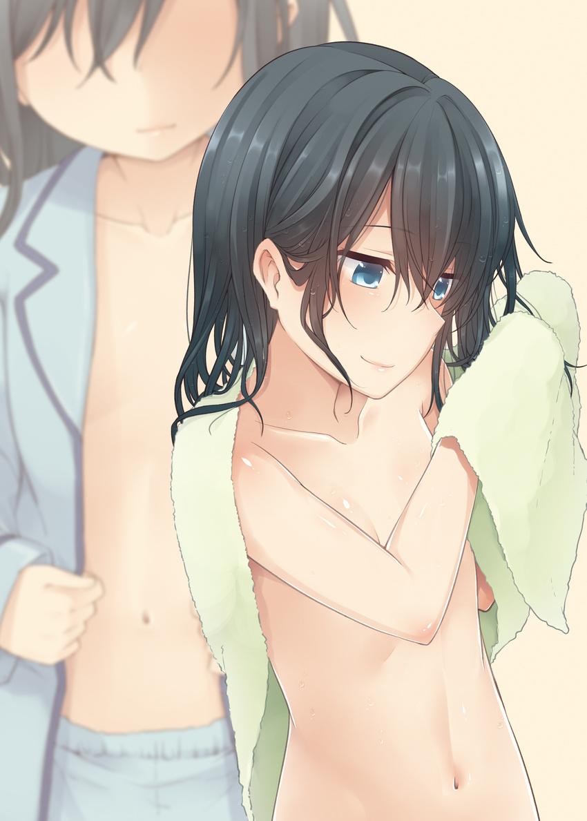asashio_(kantai_collection) black_hair blue_eyes blurry breasts closed_mouth collarbone convenient_arm dressing drying drying_hair green_towel hair_between_eyes half-closed_eyes highres kantai_collection long_hair looking_down nagami_yuu navel non-web_source nude pajamas small_breasts smile towel towel_around_neck wet wet_hair
