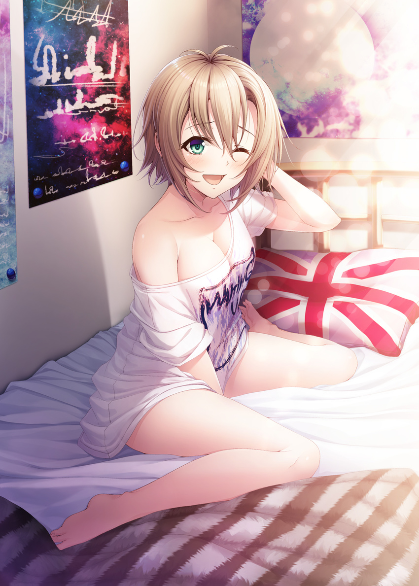 ;d antenna_hair barefoot bed bedroom between_legs blanket blush breasts brown_hair cleavage collarbone commentary_request full_body green_eyes hand_between_legs hand_in_hair hasumi_(hasubatake39) highres idolmaster idolmaster_cinderella_girls idolmaster_cinderella_girls_starlight_stage indoors large_breasts lens_flare looking_at_viewer messy_hair naked_shirt no_bra off_shoulder on_bed one_eye_closed open_mouth pillow poster_(object) print_pillow print_shirt shirt short_hair sitting smile solo striped sunlight t-shirt tada_riina union_jack waking_up wariza