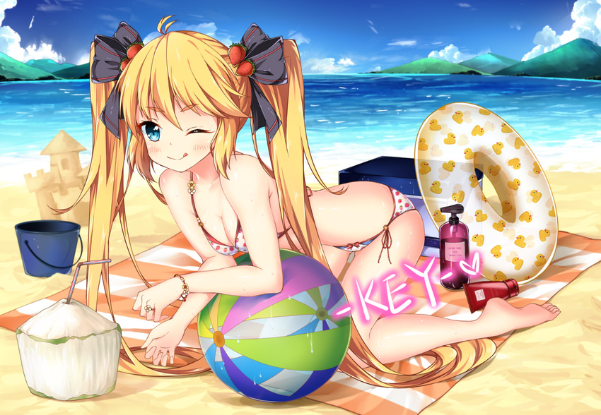 ahoge andrea_doria_(zhan_jian_shao_nyu) aqua_eyes arm_rest arm_support artist_name ball barefoot beach bent_over bikini blonde_hair blue_sky blush bottle bow_bikini box bracelet breasts bucket cleavage cloud coconut cushion day drinking_straw eyelashes flipped_hair food_print food_themed_hair_ornament fruit_cup hair_ornament innertube jewelry kkkkkey kneeling knees_together_feet_apart looking_at_viewer medium_breasts mountain ocean one_eye_closed outdoors ring sand_castle sand_sculpture side-tie_bikini sky smile solo strawberry_hair_ornament strawberry_print swimsuit tongue tongue_out tube twintails white_bikini zhan_jian_shao_nyu