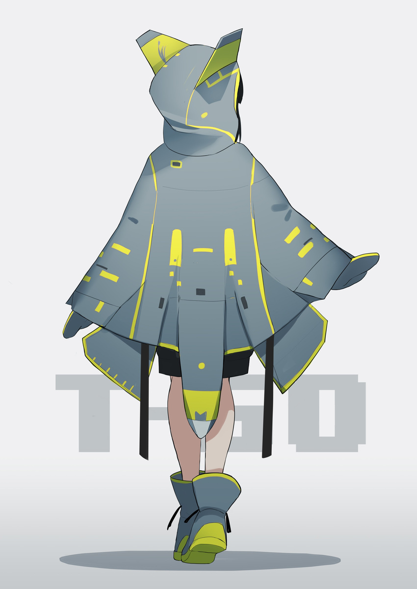 absurdres back boots character_name cloak commentary_request fami_(yellow_skies) full_body gradient gradient_background highres hood hood_up hooded_cloak mittens original solo standing su-57