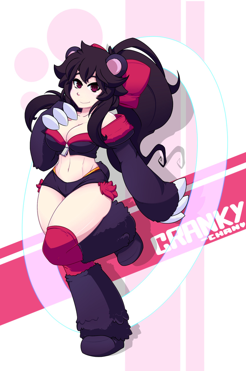 2015 animal_humanoid bear bear_humanoid breasts claws cleavage clothed clothing cranky-chan crankyconstruct english_text female hair_bow hair_ribbon hand_on_chest hi_res humanoid looking_at_viewer mammal midriff navel one_leg_up purple_eyes raised_leg ribbons shorts skimpy smile solo standing text