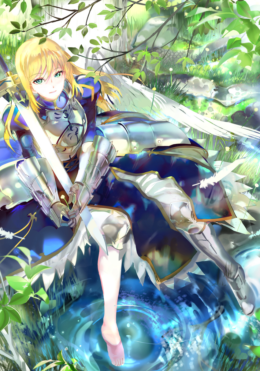 1girl ahoge armor armored_dress artoria_pendragon_(all) barefoot blonde_hair blue_dress branch commentary_request dress excalibur fate/grand_order fate/stay_night fate_(series) feathered_wings from_above full_body gauntlets grass greaves green_eyes hair_bun highres holding holding_weapon long_hair looking_at_viewer outdoors parted_lips saber shoes single_shoe sitting solo sword tree water weapon white_wings wings