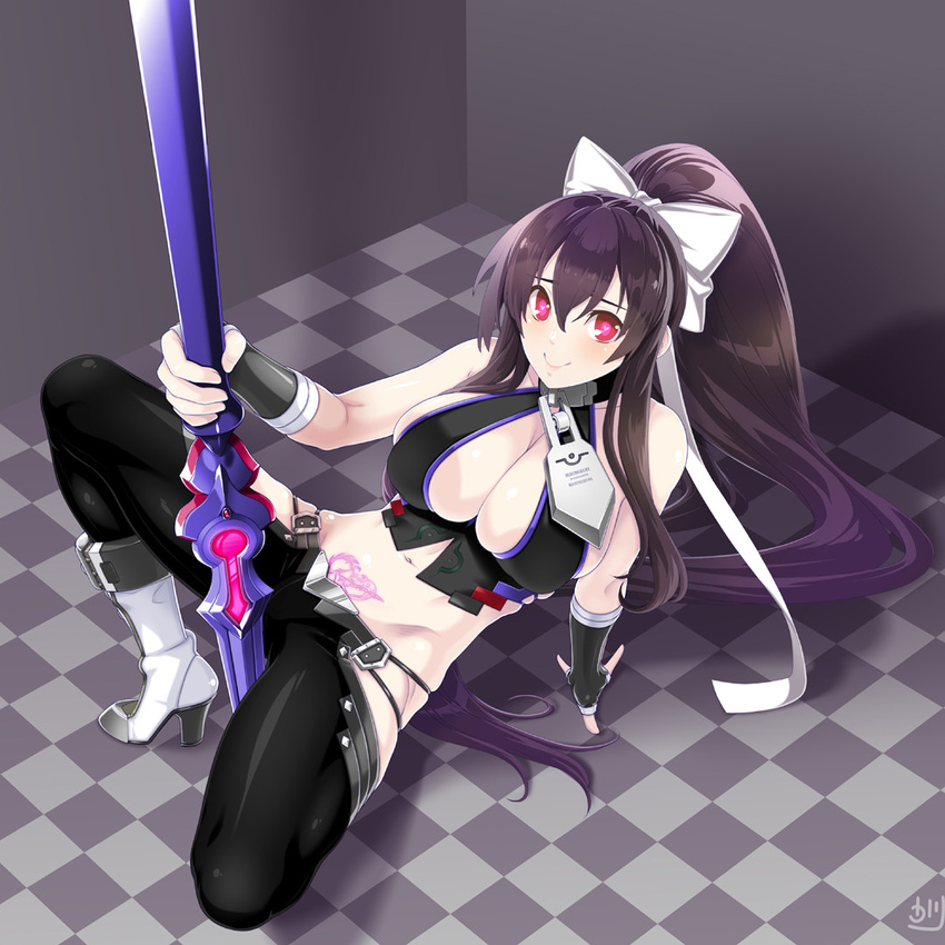 1girl alternate_color alternate_eye_color alternate_hair_color arm_support backless_outfit bangs bare_shoulders between_legs between_thighs black_hair black_pants blazblue blazblue:_central_fiction blazblue_variable_heart blush boots bow breasts checkered checkered_floor cleavage embarrassed fingerless_gloves folded_leg full_body genderswap genderswap_(mtf) gloves groin hair_between_eyes hair_bow halter_top halterneck heart heart-shaped_pupils heart_tattoo high_heel_boots high_heels holding holding_weapon large_breasts leaning_back long_hair looking_at_viewer lowleg lowleg_pants mai_natsume midriff navel no_bra no_panties open_mouth osafune_kairi outseal pants polearm ponytail pubic_tattoo red_eyes revealing_clothes ribbon shadow sideboob sidelocks skindentation smile solo spear spread_legs squatting standing symbol-shaped_pupils tattoo thighs very_long_hair weapon white_boots white_bow