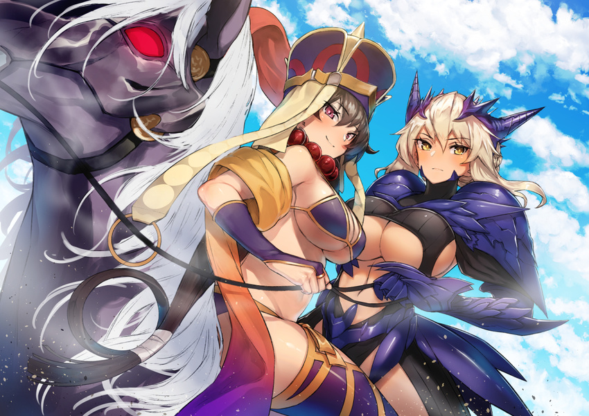 armor artoria_pendragon_(all) artoria_pendragon_(lancer_alter) beads bikini black_hair blonde_hair blush breasts brown_hair cleavage cloud commentary_request dark_persona day fate/grand_order fate_(series) hat horns horse jewelry large_breasts llamrei_(fate) long_hair looking_at_viewer multiple_girls navel prayer_beads pyz_(cath_x_tech) sky smile swimsuit underboob xuanzang_(fate/grand_order) yellow_eyes