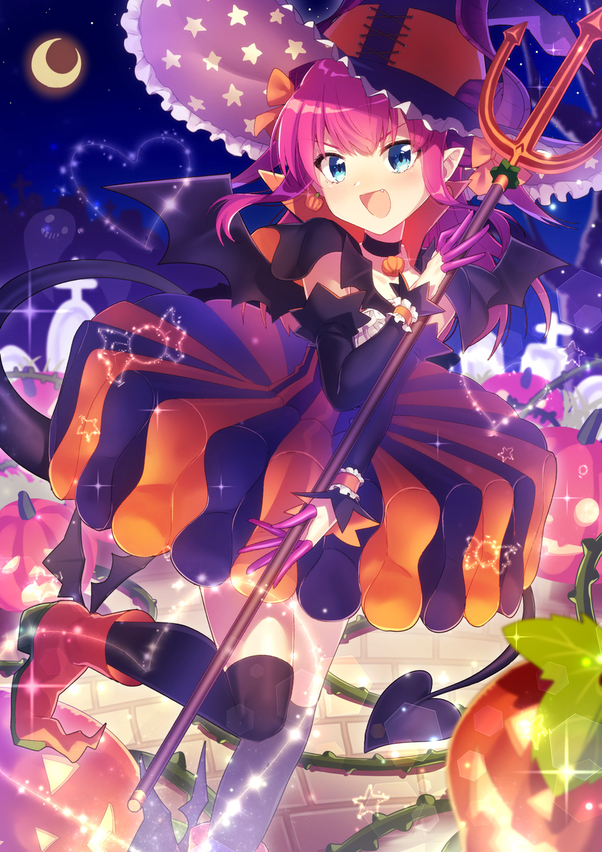 :d absurdres bad_id bad_pixiv_id bat_wings black_legwear blue_eyes boots choker claws crescent_moon cross detached_sleeves dragon_girl dress earrings elizabeth_bathory_(fate) elizabeth_bathory_(fate)_(all) elizabeth_bathory_(halloween)_(fate) eyebrows_visible_through_hair fang fate/grand_order fate_(series) ghost halloween hat heart highres holding holding_weapon horns ichiren_namiro jack-o'-lantern jewelry leg_up lens_flare long_hair looking_at_viewer moon night night_sky open_mouth pavement pink_hair pointy_ears polearm pumpkin sky smile solo standing standing_on_one_leg star thighhighs tombstone trident v-shaped_eyebrows weapon winged_boots wings witch_hat