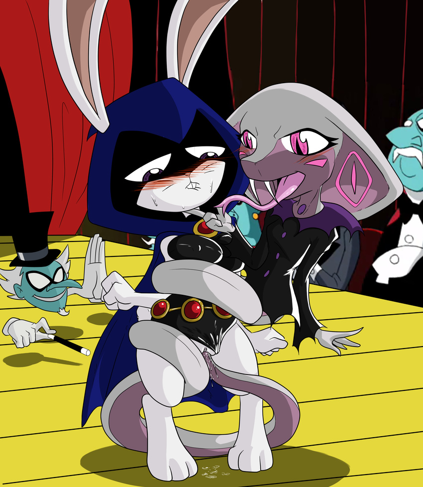 2016 alternate_species anthro being_watched big_breasts biting_lip blush breasts buckteeth bunny_raven clitoris crowd dripping duo_focus erect_nipples female female/female forked_tongue group hi_res human jinx_(teen_titans) lagomorph male mammal mumbo_jumbo nipple_bulge nipples penetration pink_eyes purple_eyes pussy pussy_juice rabbit raven_(teen_titans) reptile scalie sex slashysmiley slit_pupils snake tail_sex teen_titans teeth tongue tongue_out vaginal vaginal_penetration