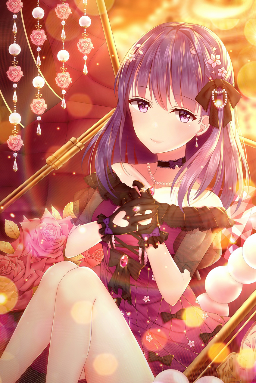 absurdres black_bow black_gloves blush bow choker closed_mouth eyebrows_visible_through_hair fate/grand_order fate/stay_night fate_(series) flower gloves hair_bow hair_flower hair_ornament heart highres jewelry junpaku_karen looking_at_viewer matou_sakura necklace purple_bow purple_eyes purple_hair short_hair smile solo