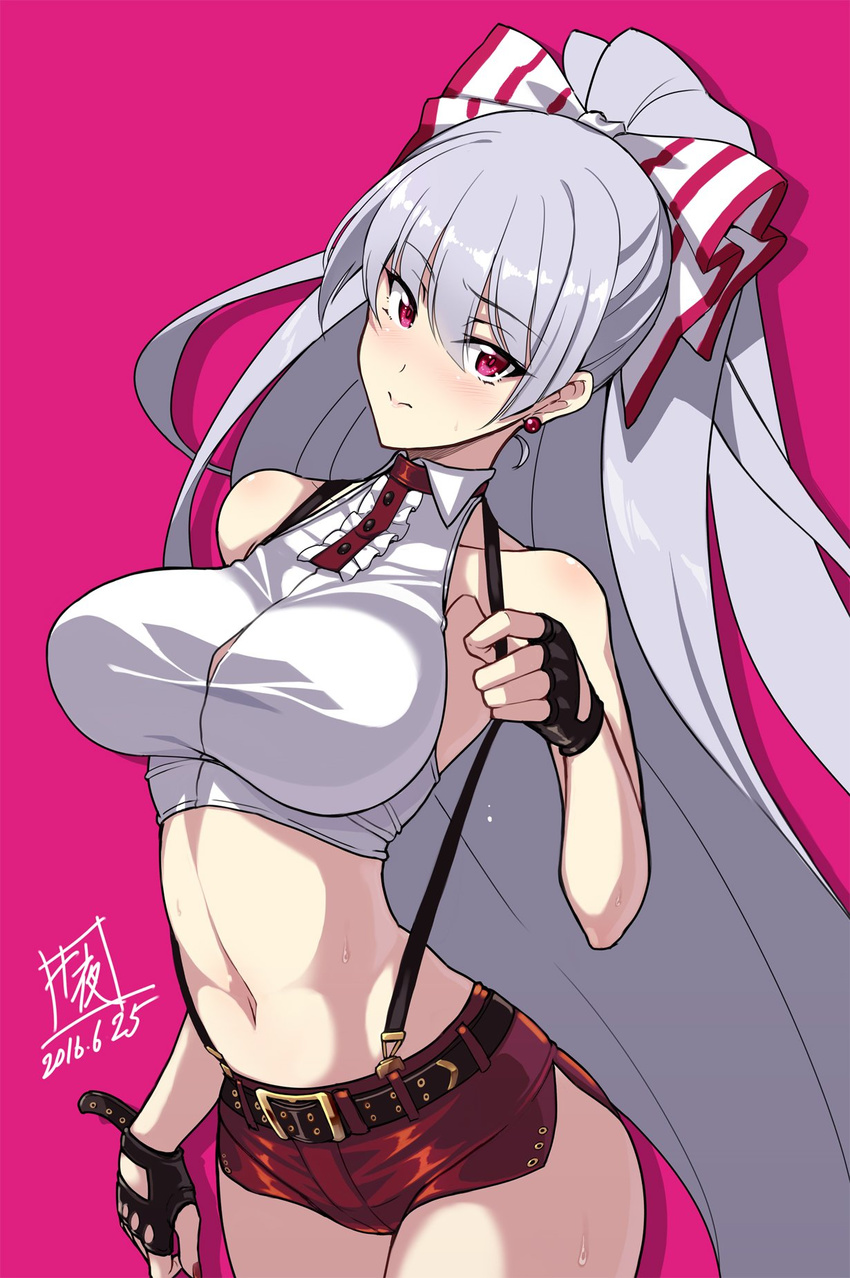 adapted_costume alternate_hairstyle bangs bare_shoulders black_gloves bow breasts cowboy_shot crop_top dated earrings fingerless_gloves fujiwara_no_mokou gloves hair_bow highres jewelry large_breasts long_hair looking_at_viewer navel pink_background pink_eyes ponytail red_shorts short_shorts shorts silver_hair solo suspenders sweat touhou touya_(the-moon) very_long_hair