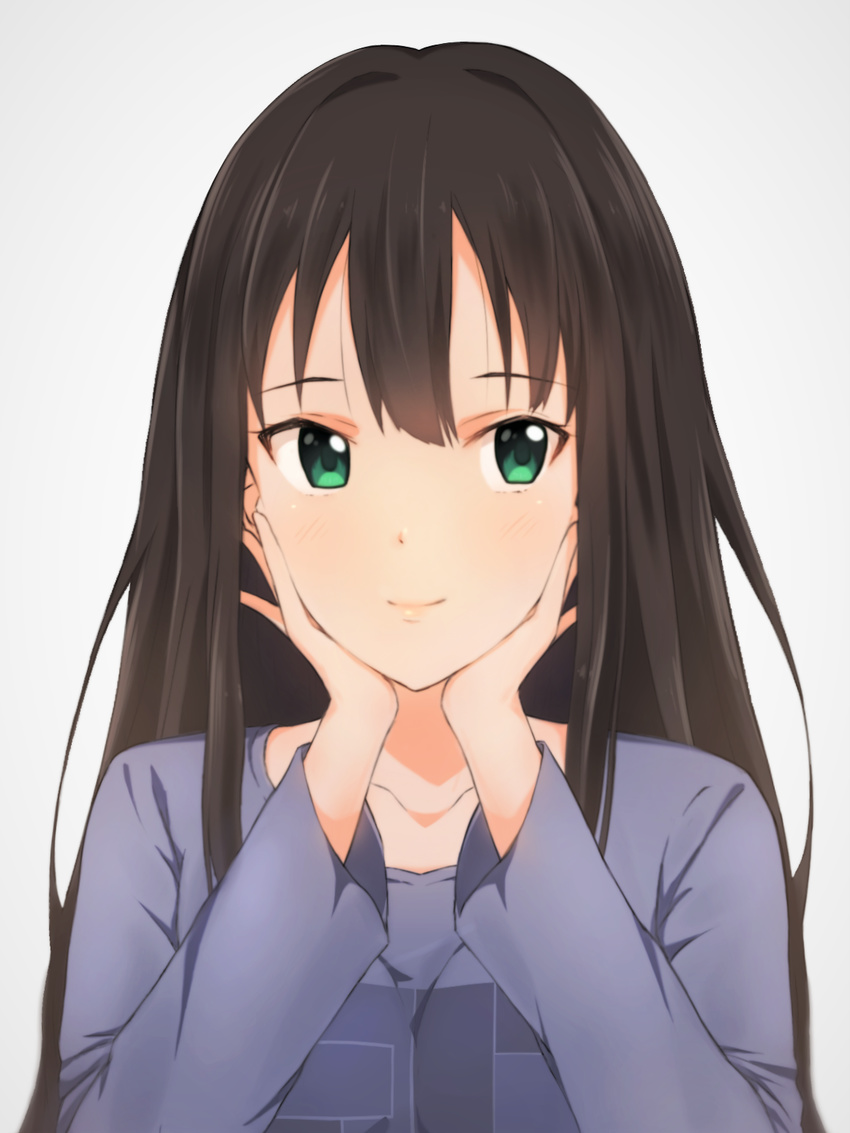 blush brown_hair commentary_request green_eyes hair_intakes hands_on_own_face highres idolmaster idolmaster_cinderella_girls long_hair looking_away shibuya_rin simple_background smile solo taka-chan