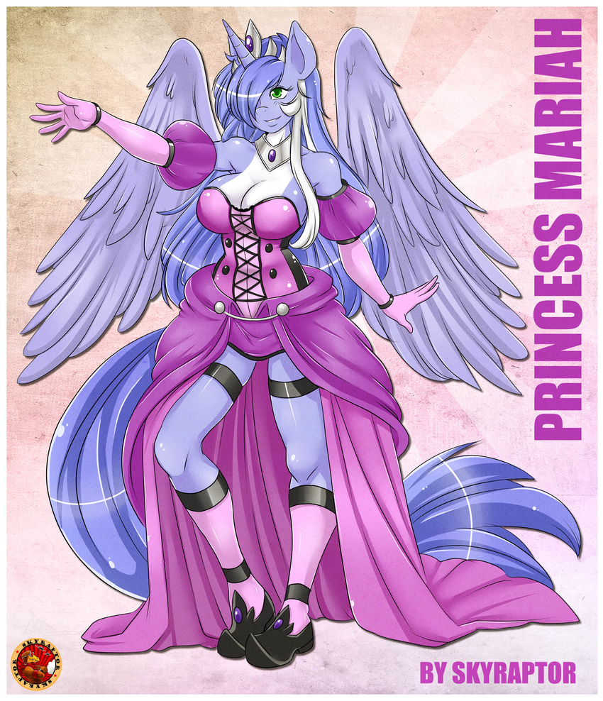 2015 anthro armwear blue_feathers blue_hair breasts cleavage clothed clothing crown dress elbow_gloves equine fan_character feathered_wings feathers female footwear gloves green_eyes hair hi_res horn jewelry mammal mariah_wolves multicolored_hair my_little_pony necklace portrait pose shoes skyraptor solo two_tone_hair white_hair winged_unicorn wings