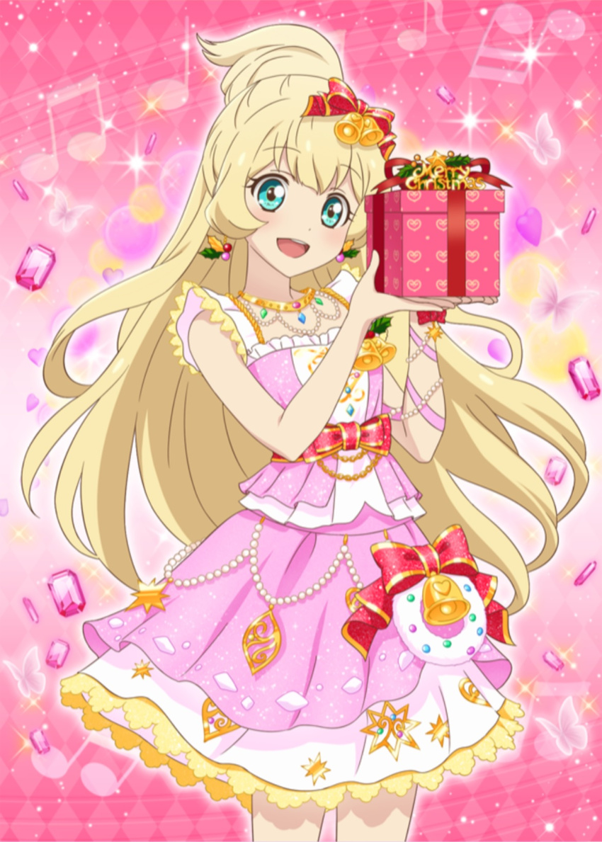 aikatsu!_(series) aikatsu!_photo_on_stage!! aikatsu_stars! aqua_eyes beamed_eighth_notes beamed_sixteenth_notes bell blonde_hair bow box bracelet christmas dress earrings eighth_note gem gift gift_box highres holding jewelry lace long_hair musical_note necklace open_mouth pearl_bracelet pink_background pink_bow pink_dress quarter_note ribbon shiratori_hime sleeveless smile wreath