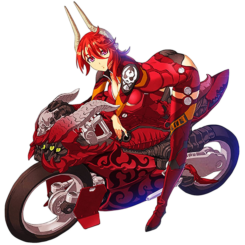 1girl ass ass_cutout bent_over black_panties boots breasts cleavage demon_girl ground_vehicle horns lowres motor_vehicle motorcycle nishii_(nitroplus) panties pointy_ears purple_eyes red_hair satan_(the_seven_deadly_sins) solo the_seven_deadly_sins thigh_boots thighhighs trefoil underwear unitard vehicle