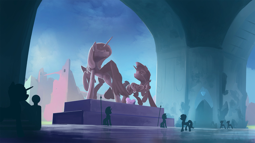 cutie_mark day detailed_background equine friendship_is_magic group horn mammal my_little_pony outside royal_guard_(mlp) shamanguli sky statues unicorn winged_unicorn wings