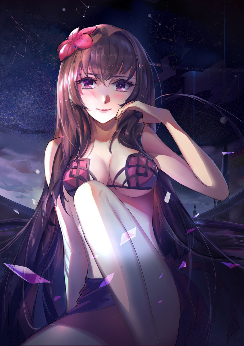 bad_id bad_pixiv_id bikini blush breasts cleavage fate/grand_order fate_(series) flower hair_flower hair_ornament hibiscus highres large_breasts long_hair looking_at_viewer purple_hair rabbit_(tukenitian) red_eyes scathach_(fate)_(all) scathach_(swimsuit_assassin)_(fate) smile solo swimsuit