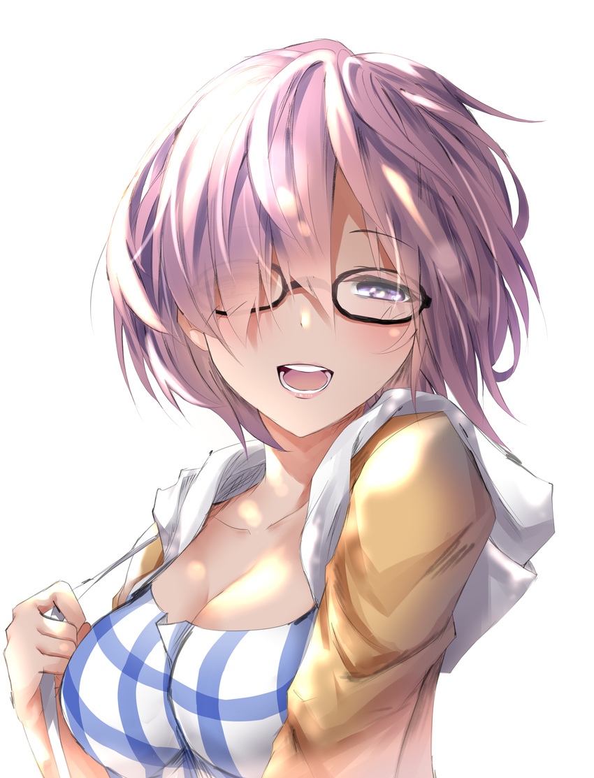 :d absurdres blue_dress breasts cleavage collarbone commentary dress fate/grand_order fate_(series) half-closed_eyes highres hood hoodie looking_at_viewer mash_kyrielight medium_breasts open_clothes open_hoodie open_mouth plaid plaid_dress purple_eyes purple_hair seedkeng short_hair simple_background smile solo teeth upper_body white_background white_dress