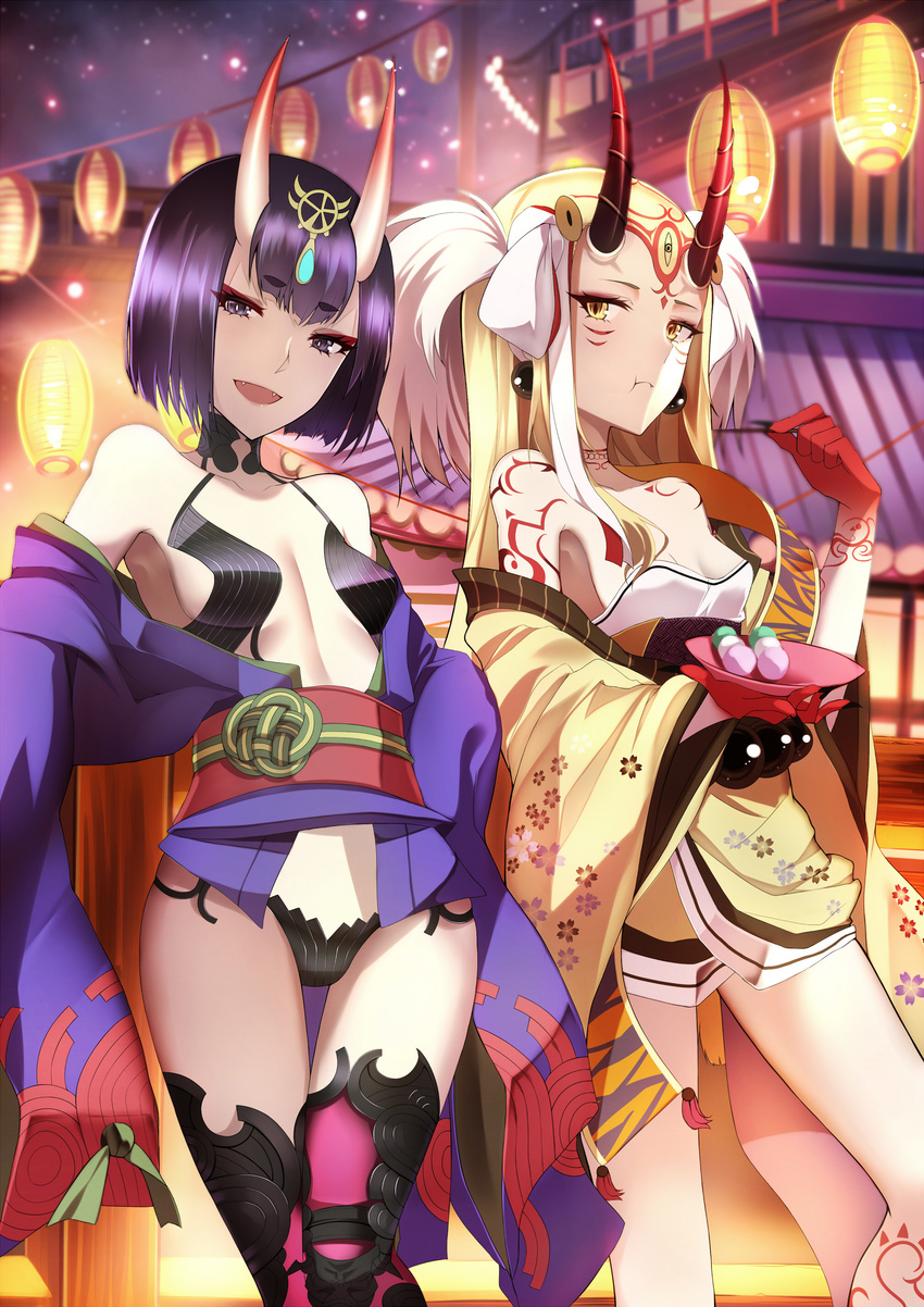 absurdres bangs blonde_hair blunt_bangs bob_cut breasts cleavage dango eating facial_mark fate/grand_order fate_(series) food highres horns ibaraki_douji_(fate/grand_order) japanese_clothes kimono long_hair looking_at_viewer md5_mismatch multiple_girls oni oni_horns open_mouth purple_hair shiguru short_hair shuten_douji_(fate/grand_order) small_breasts smile standing tattoo wagashi yellow_eyes yellow_kimono